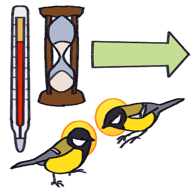 a thermometer with a high temperature, with an hourglass to the right of it and a long, light green arrow to the right of that, pointing outwards. below, two great tits (birds) with halos.